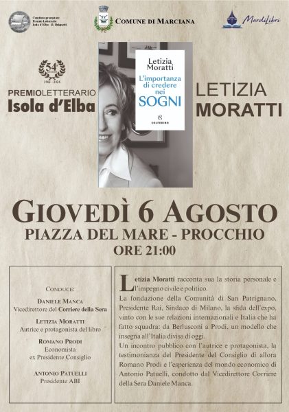 Locandina dell’incontro con Letizia Moratti a Procchio per la presentazione del libro “L’importanza di credere nei sogni”, Premio Letterario Isola d’Elba, 6 agosto 2026