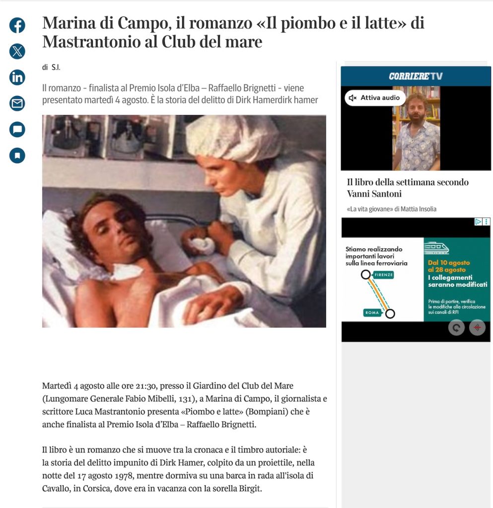 Articolo Corriere della Sera - Marina di campo, il romanzo "Il piombo e il latte" di Mastrantonio al Club del mare