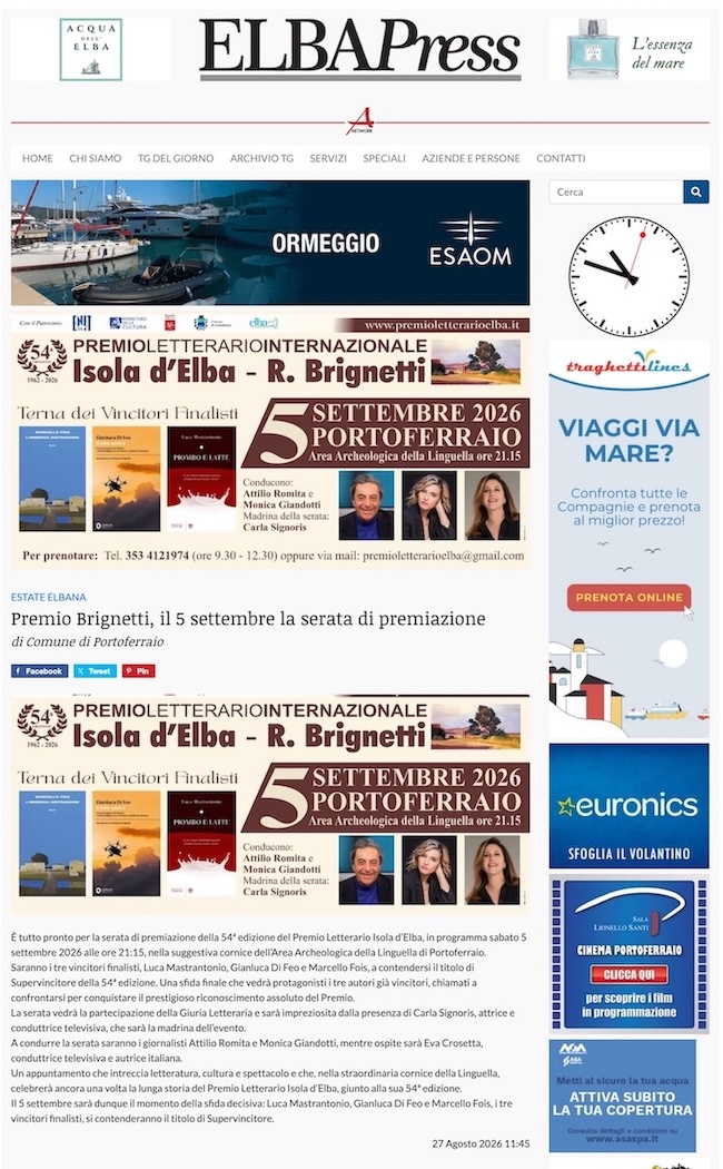 Articolo ELBAPress - Premio Brignetti, il 5 settembre la serata di premiazione