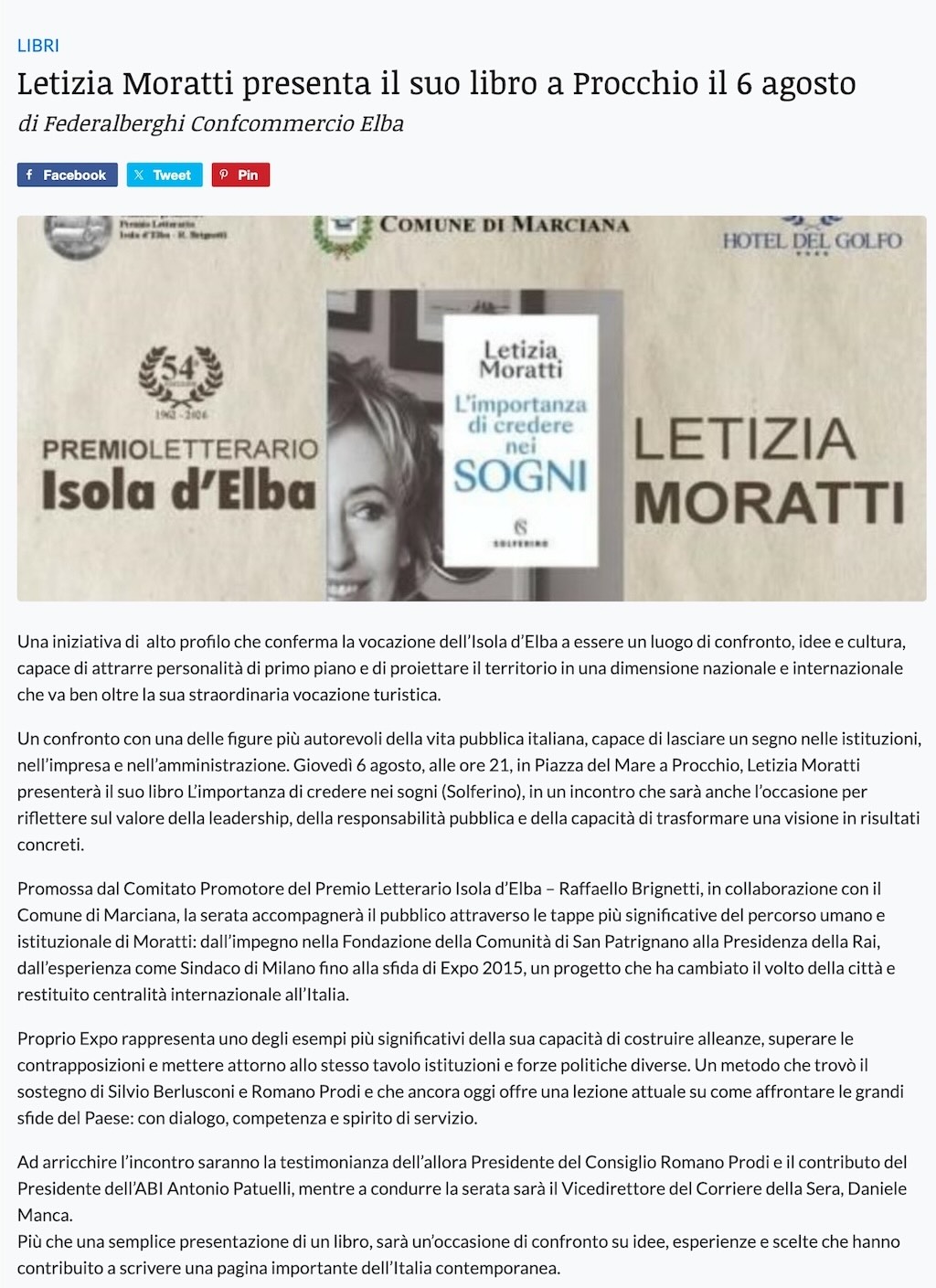 Articolo Elbapress "Letizia Moratti presenta il suo libro a Procchio il 6 agosto"