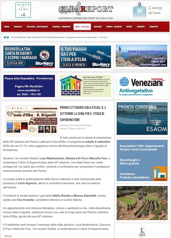 Articolo ELBAREPORT - Premio Letterario Isola d’Elba, il 5 settembre la sfida per il titolo di Supervincitore