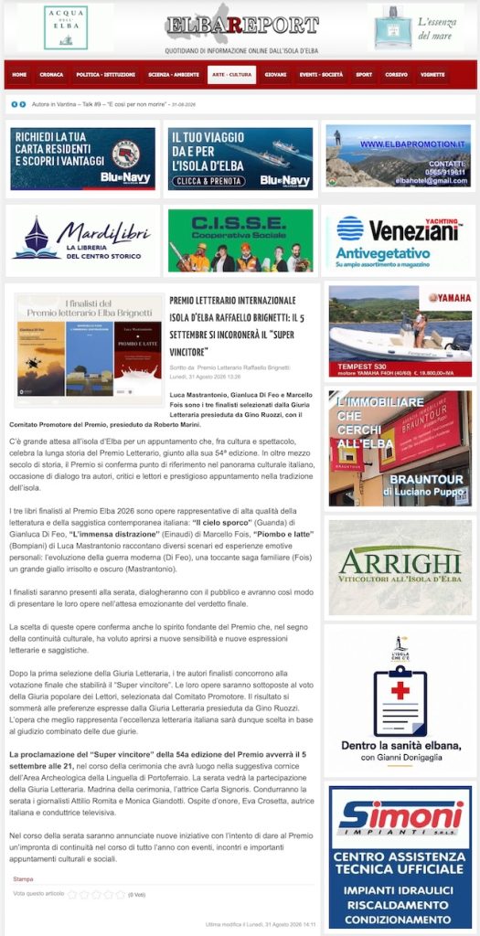 Elbareport - Premio Letterario Internazionale Isola d’Elba Raffaello Brignetti: il 5 settembre si incoronerà il “Super Vincitore”