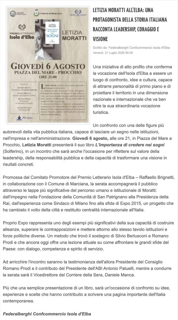 Articolo Elbareport "Letizia Moratti all'Elba: una protagonista della storia italiana racconta leadership, coraggio e visione"