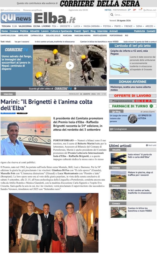 Articolo QUInews Elba - Marini: "Il Brignetti è l'anima colta dell'Elba"