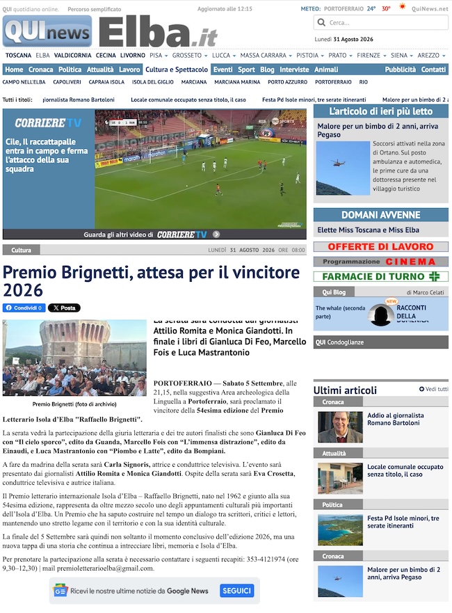 Articolo QUI news Elba - Premio Brignetti, attesa peril vincitore 2026