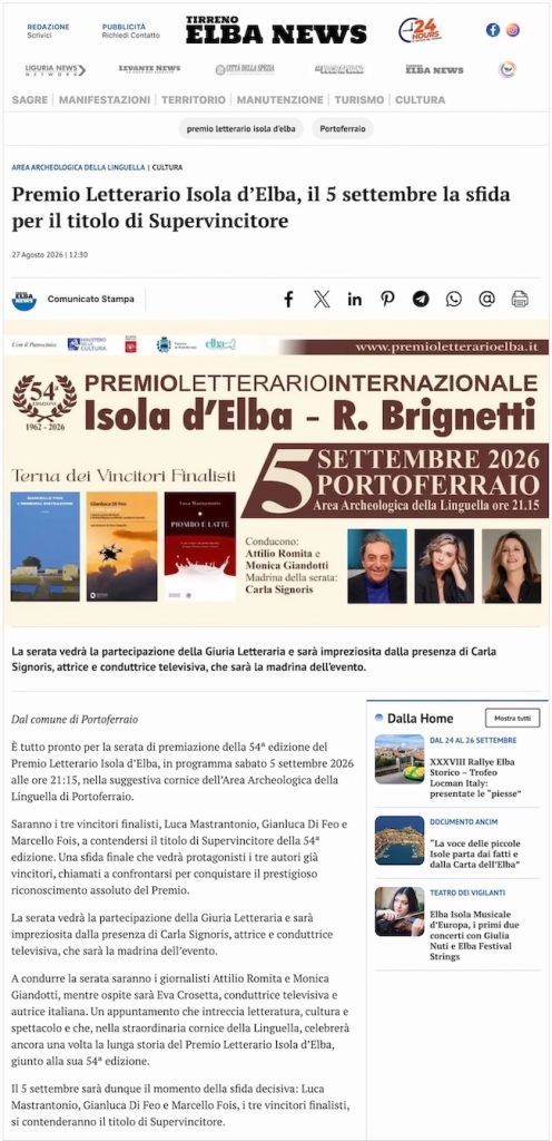 Articolo Tirreno Elba News - Premio Letterario Isola d’Elba, il 5 settembre la sfida per il titolo di Supervincitore