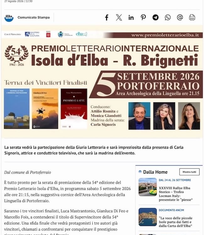 Articolo Tirreno Elba News - Premio Letterario Isola d’Elba, il 5 settembre la sfida per il titolo di Supervincitore