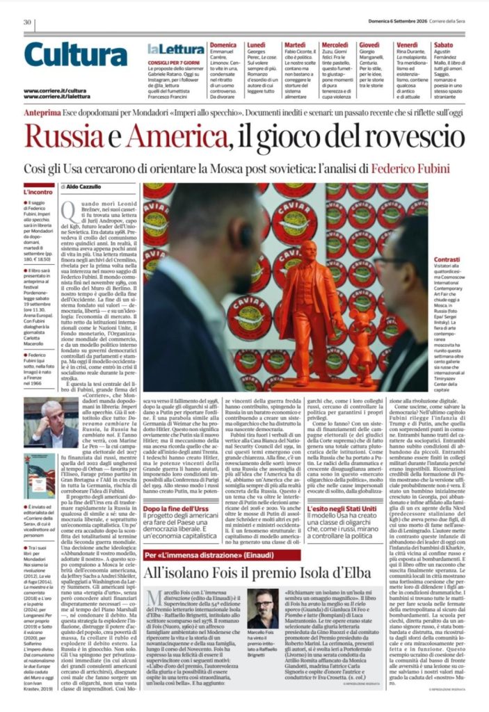 Il Corriere della Sera - All'isolano Fois il premio Isola d'Elba