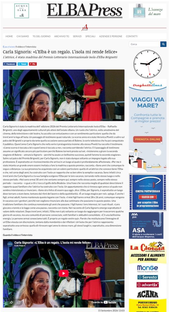 ELBA Press - Carla Signoris: «L’Elba è un regalo. L’isola mi rende felice»