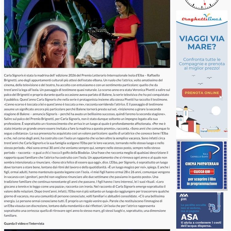 ELBA Press - Carla Signoris: «L’Elba è un regalo. L’isola mi rende felice»