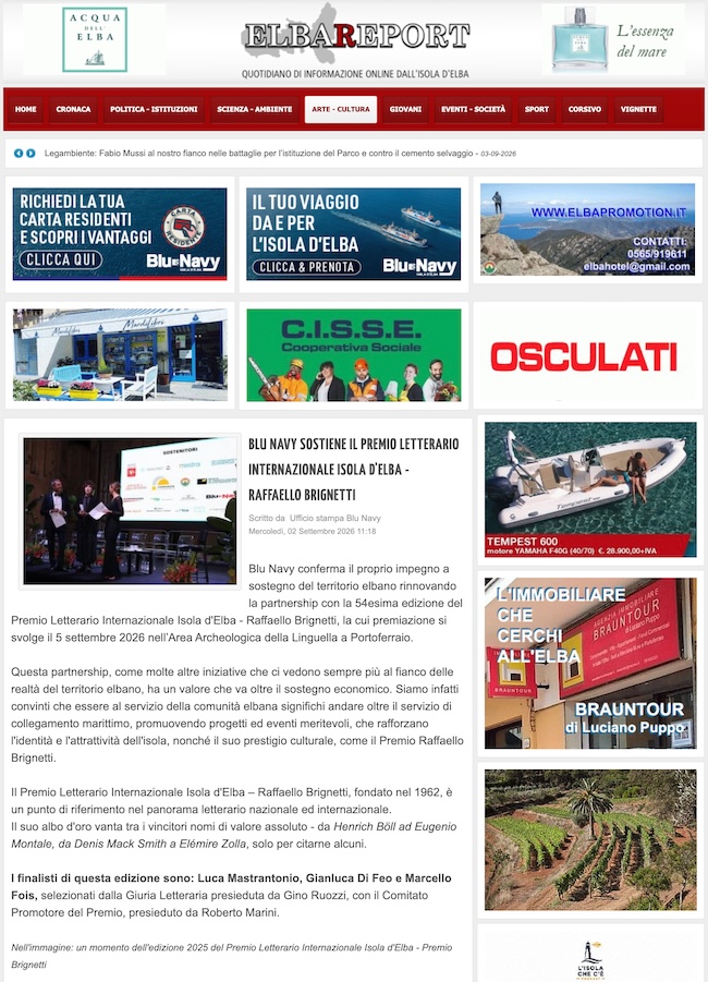 Elbareport – Blu Navy sostiene il Premio Letterario Internazionale Isola d'Elba - Raffaello Brignetti INTERNAZIONALE ISOLA D'ELBA - RAFFAELLO BRIGNETTI