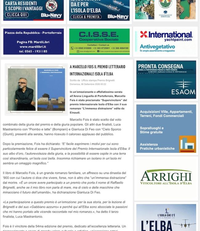 Elbareport – A Marcello Fois il Premio Letterario Interazione Isola d’Elba