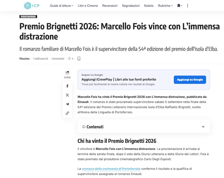 ICrewPlay Libri - Premio Brignetti 2026: Marcello Fois vince con L’immensa distrazione