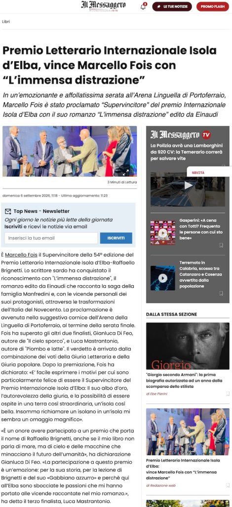 Il Messaggero - Premio Letterario Internazionale Isola d’Elba, vince Marcello Fois con “L’immensa distrazione”