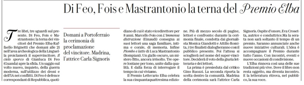 La Repubblica - Di Feo, Fois e Mastrantonio la terna del Premio Elba