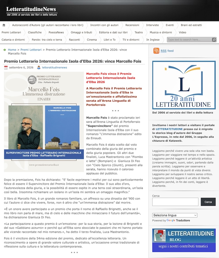 LetteratitudineNews - Premio Letterario Internazionale Isola d’Elba 2026: vince Marcello Fois