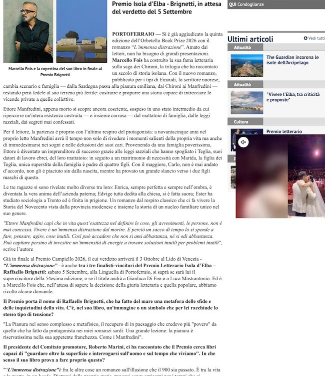 QUI news Elba – Fois: “Vivere è una distrazione dal morire”