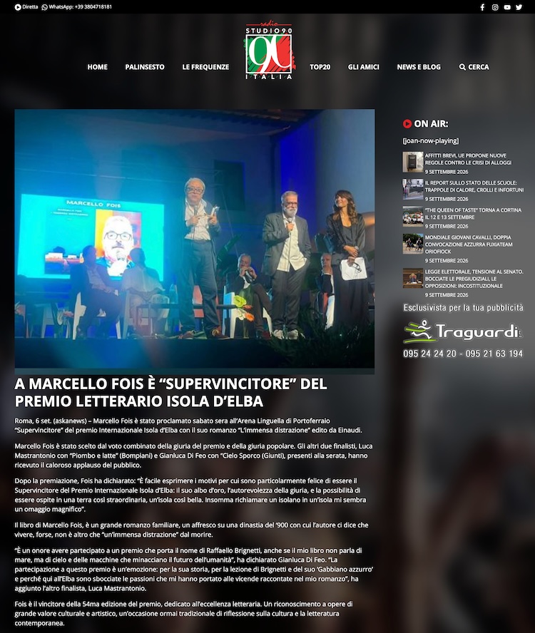 Radio Studio 90 Italia - A Marcello Fois è “Supervincitore” del Premio Letterario Isola d’Elba