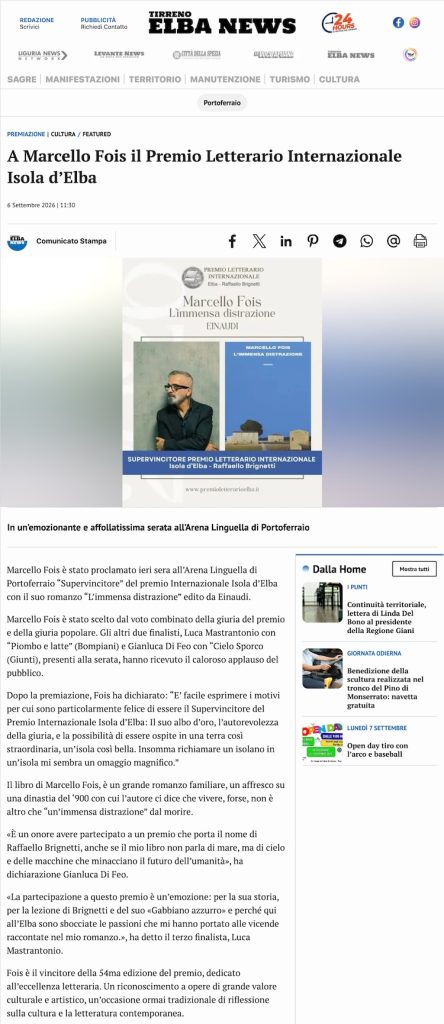 Tirreno Elba News - A Marcello Fois il Premio Letterario Internazionale Isola d’Elba