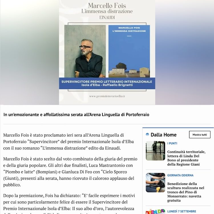 Tirreno Elba News - A Marcello Fois il Premio Letterario Internazionale Isola d’Elba